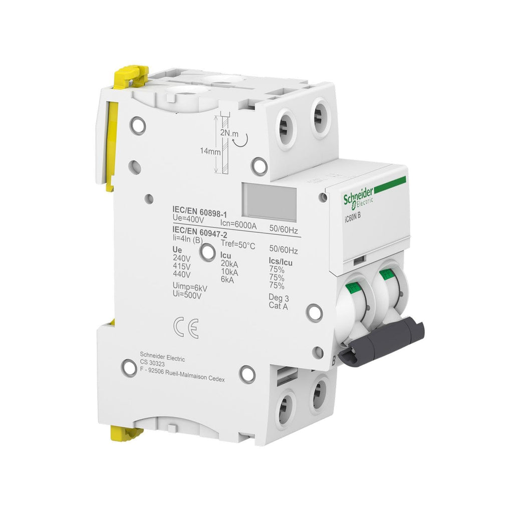 Schneider Electric A9F74220 IC60N Disyuntor, Acti9, 2P, 20A, Curvatura C, 50/60 Hz, Blanco
