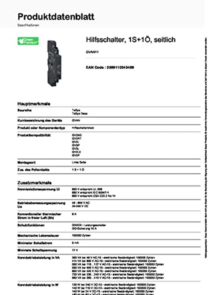 Schneider Electric GVAN11 Side Auxiliary Contact for GV2 1NO+1NC