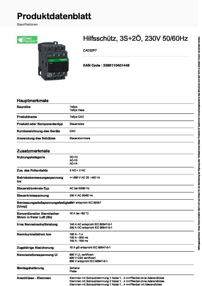 Schneider Electric CAD32P7 Contactor Tesys Cad-32, 3 Na + 2 Nf, Instantâneo, 10 A, 230 V Ca