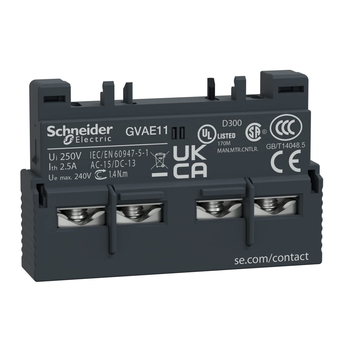 TeSys auxiliary contact, 1 NO/1 NC, 60 V DC, 240 V AC, front mounting, set of 10, 2.9 x 4.5 x 1.1 centimeters, white (reference: GVAE11)