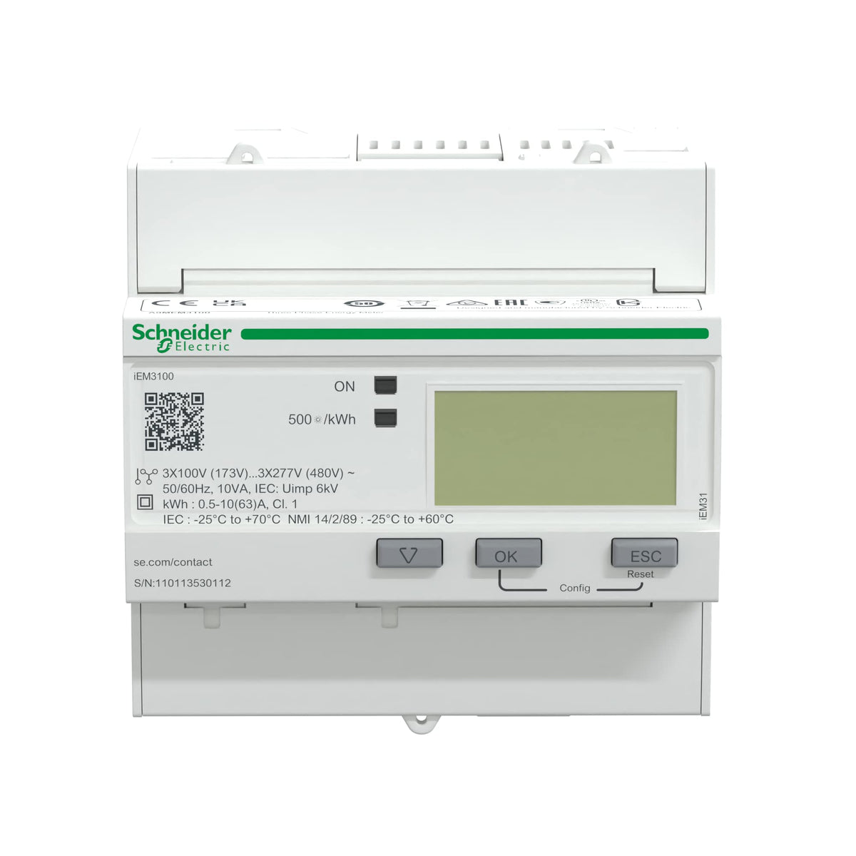 Schneider Electric A9MEM3100 iEM3000 Compteur d'énergie numérique, 63A, 69mm x 95mm x 90mm, Blanc