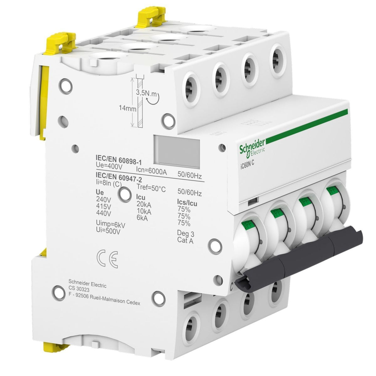 Schneider Electric A9F74450 IC60N Disyuntor, Acti9, Curvatura C, 4P 50A
