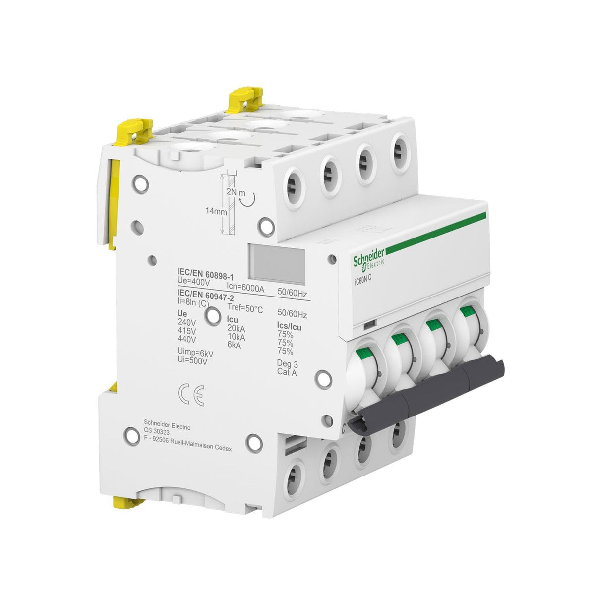 Schneider A9F74416 iC60 N, 4P, 16 A C MCB Miniature Circuit Breaker, , 1 unidad