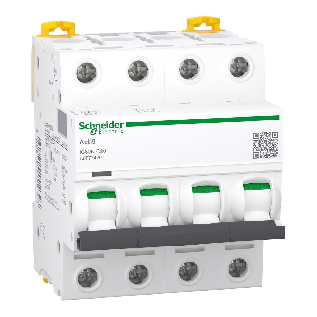 Schneider Electric A9F74420 IC60N Disyuntor, Acti9, Curvatura C, 4P 20A