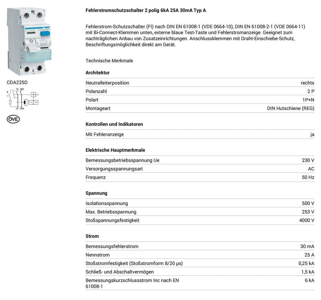 Hager CDA225D RCD 2P 25A 30mA 6kA tipo A