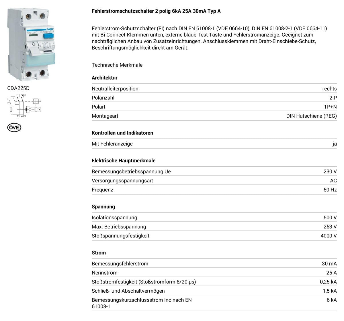 Hager CDA225D RCD 2P 25A 30mA 6kA tipo A