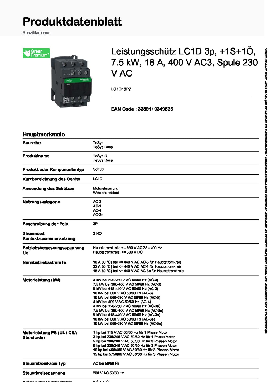 Schneider Electric LC1D18P7 TeSys D Contactor, 3P AC-3, <=440 V 18 A, 230 V AC coil