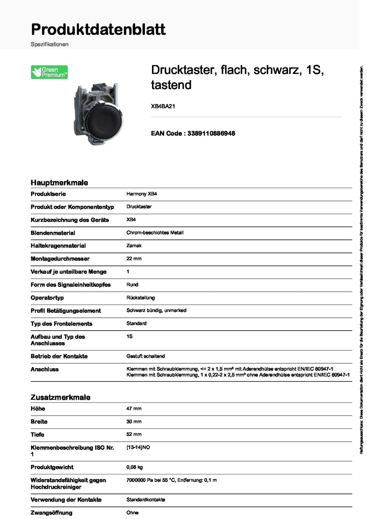 Schneider Electric XB4BA21 Pulsador 22mm Retorno Resorte Nivelado 1NA