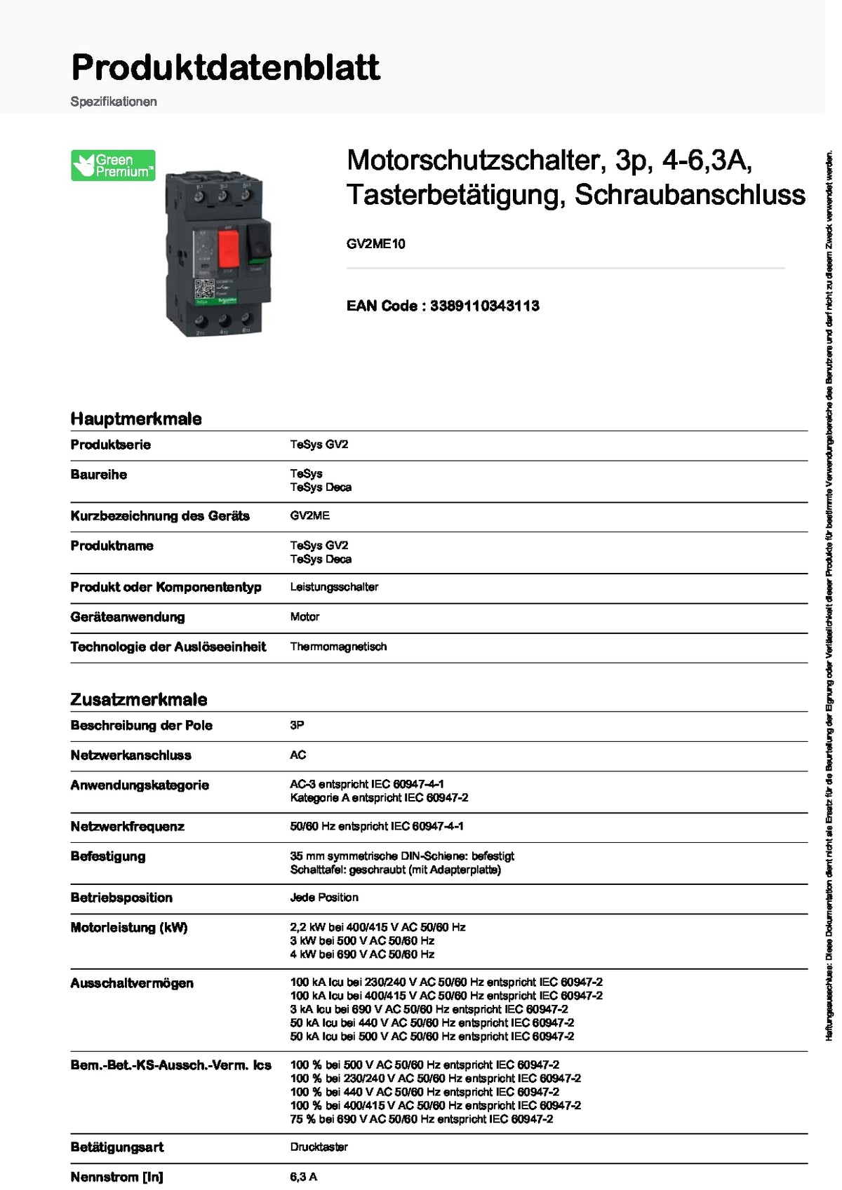 Schneider Electric GV2ME10 Thermal-Magnetic Motor Circuit Breaker 4-6.3A