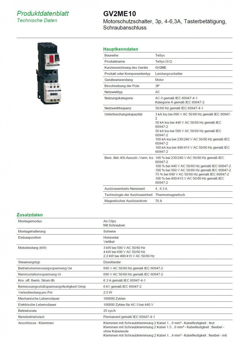 Schneider Electric GV2ME10 TeSys Motor Circuit Breaker 4-6.3A