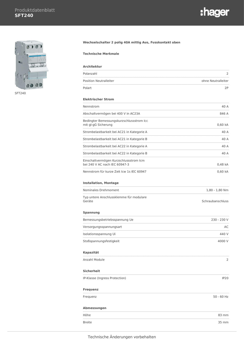 Hager SFT240 Conmut. mod., 2P,40A,común arriba,I-0-II