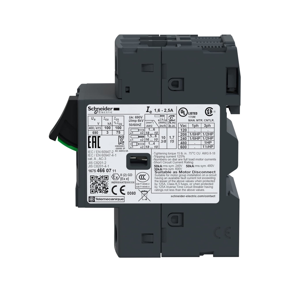 Schneider Electric Thermal-Magnetic Circuit Breaker GV2ME07 2.5A